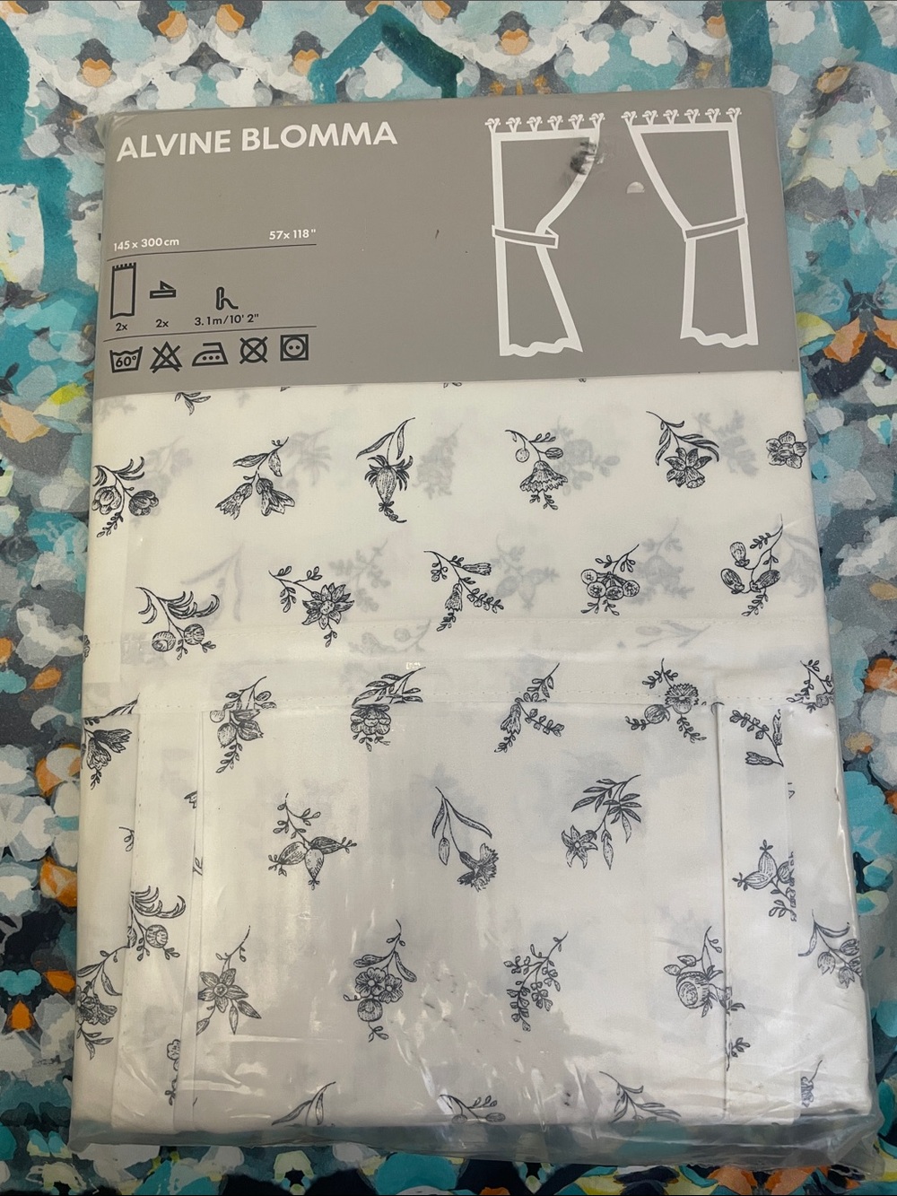 New IKEA Alvine Blomma Blue Floral Print Curtain set of 2 Panels 57" W x 118" L